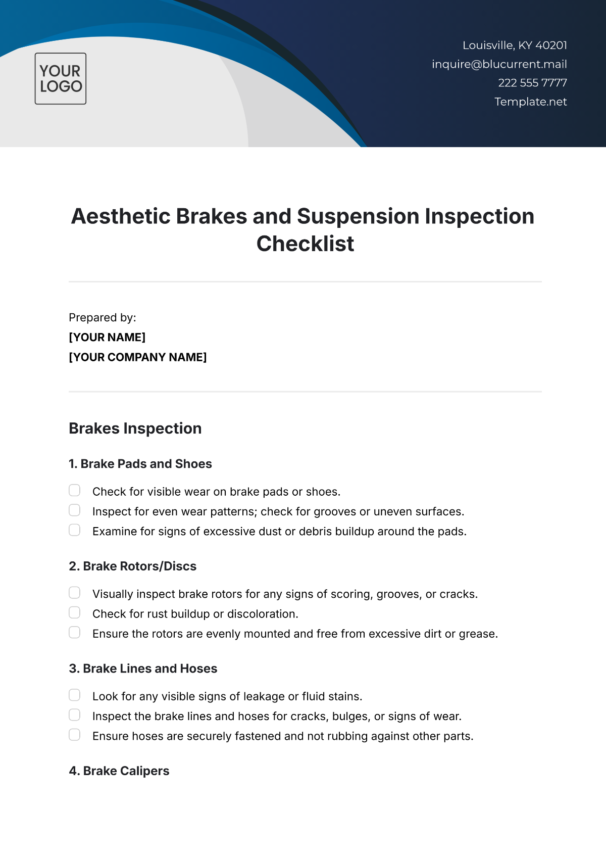 Aesthetic Brakes and Suspension Inspection Checklist Template - Edit Online & Download