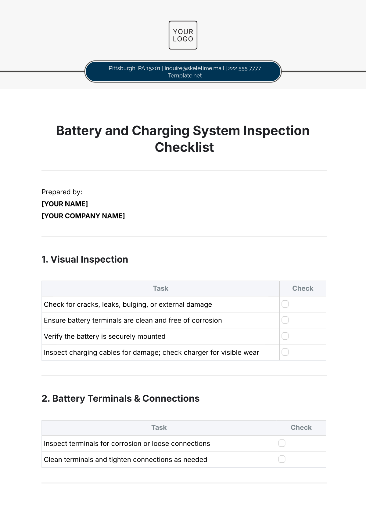 Battery and Charging System Inspection Checklist Template - Edit Online & Download