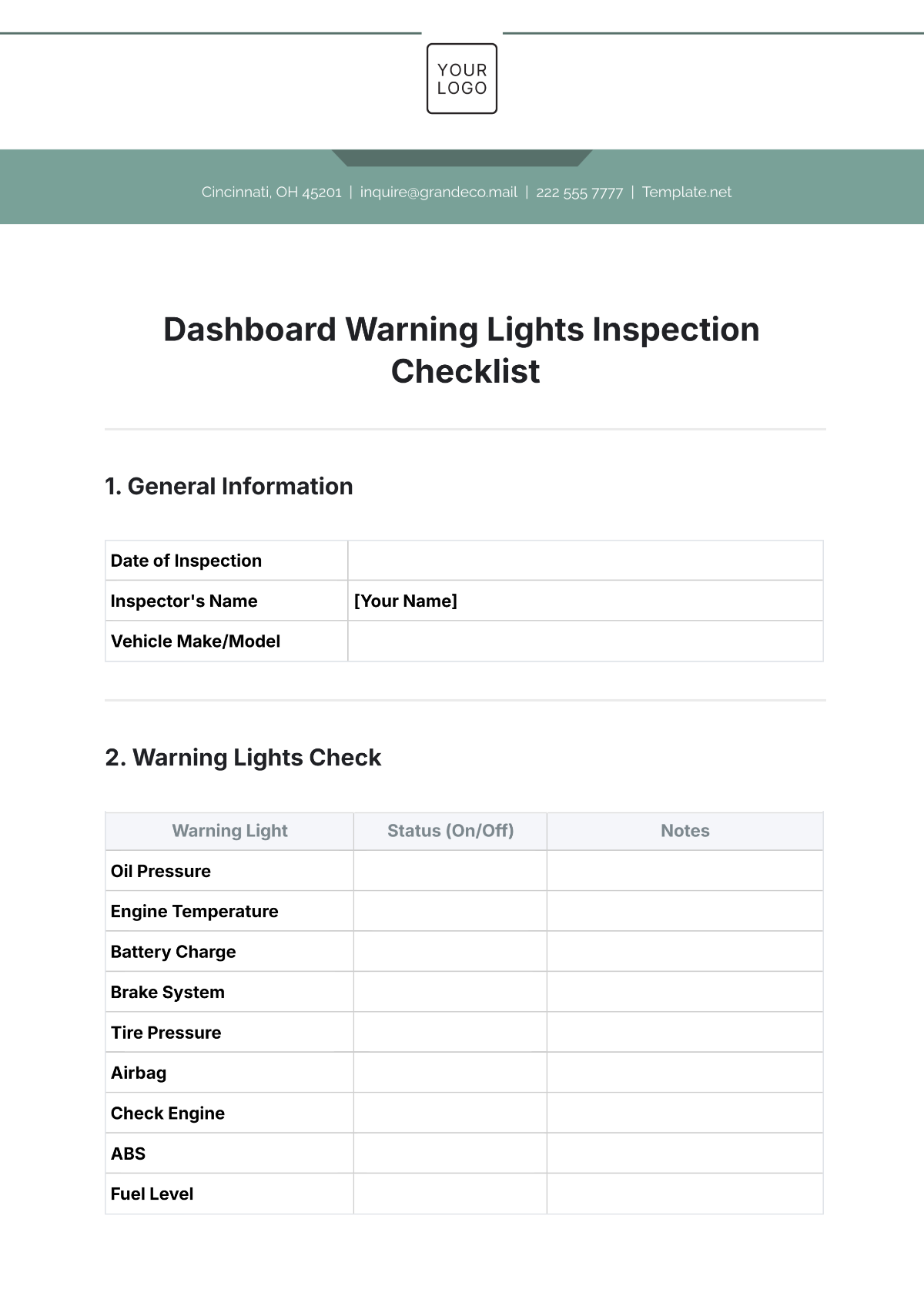 Dashboard Warning Lights Inspection Checklist Template