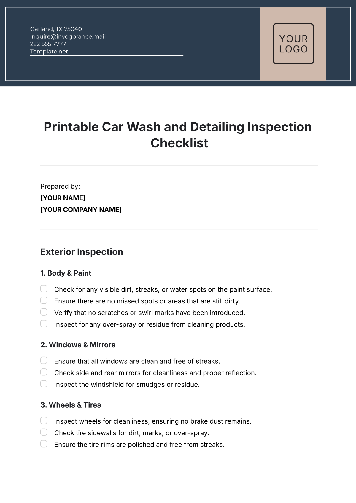 Printable Car Wash and Detailing Inspection Checklist Template