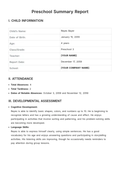 Free Preschool Summary Report Template to Edit Online
