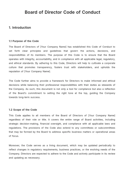 Free Board of Director Code of Conduct Template to Edit Online