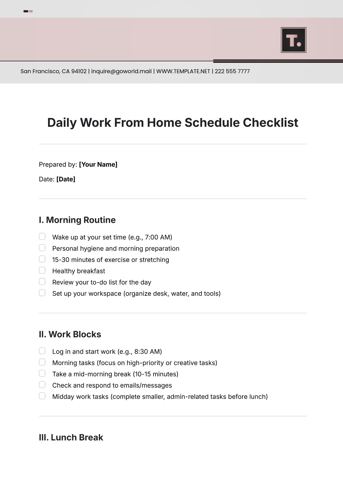 Daily Work From Home Schedule Checklist Template | Template.net