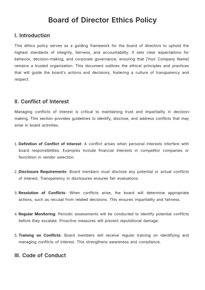 Free Board of Director Ethics Policy Template to Edit Online