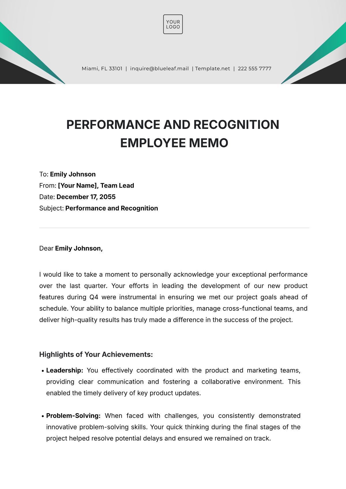 Performance and Recognition Employee Memo Template - Edit Online & Download