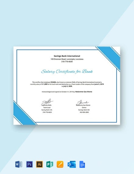 Salary Certificate for Bank Template - Google Docs, Illustrator, Word, Outlook, Apple Pages, PSD, Publisher