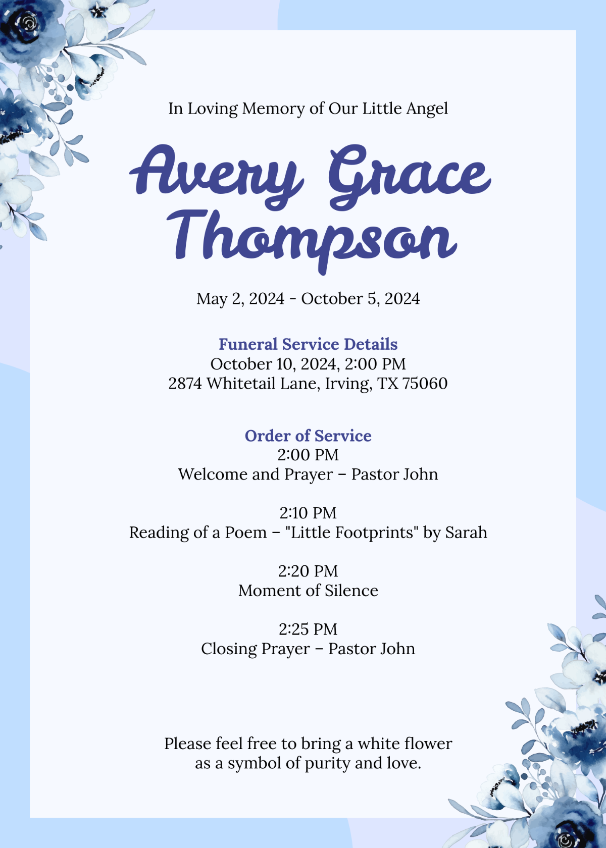 Baby Funeral Invitation Program Template