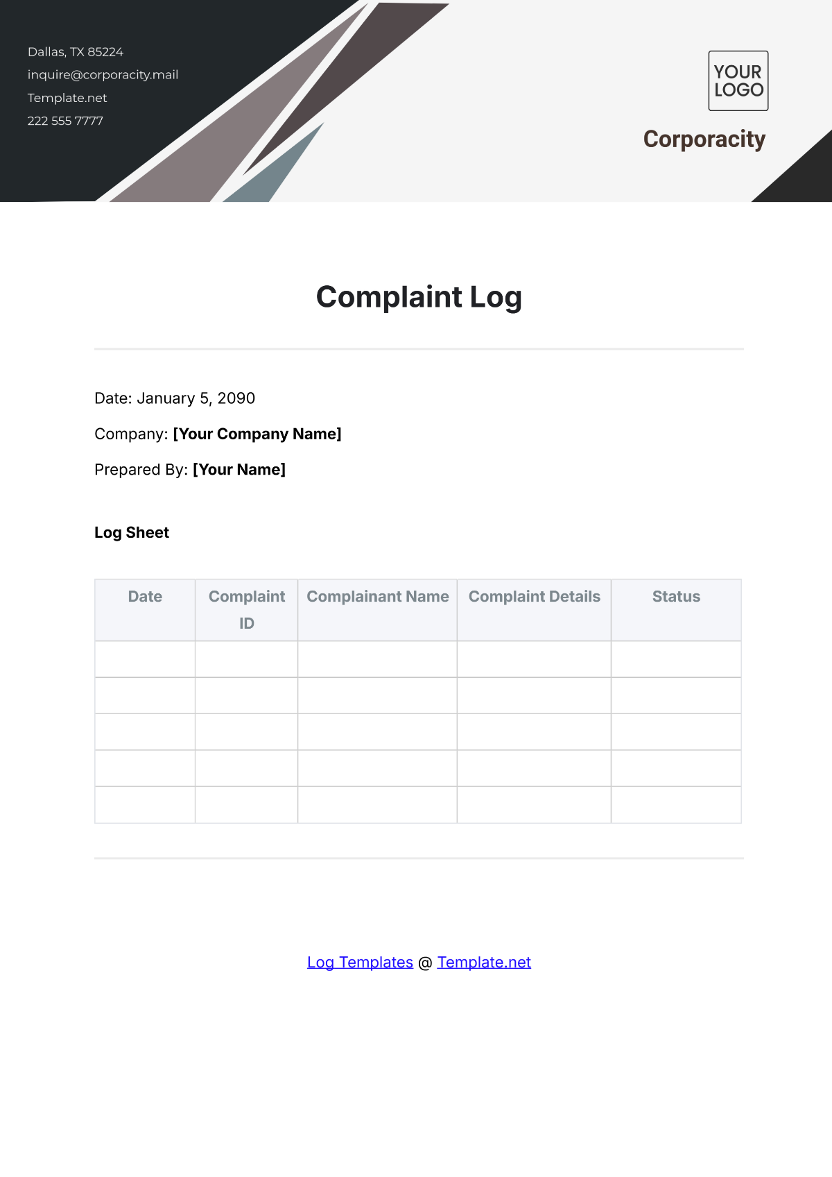 Complaint Log Template - Edit Online & Download