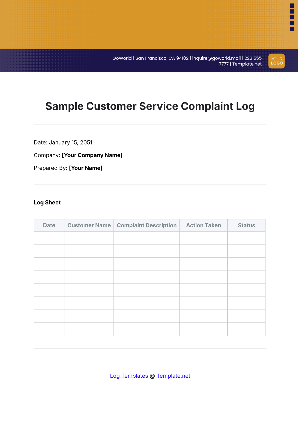 Sample Customer Service Complaint Log Template - Edit Online & Download