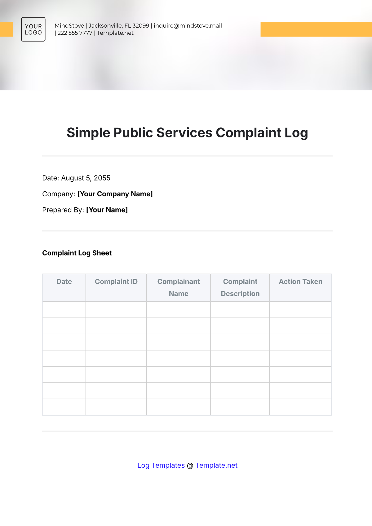 Simple Public Services Complaint Log Template - Edit Online & Download