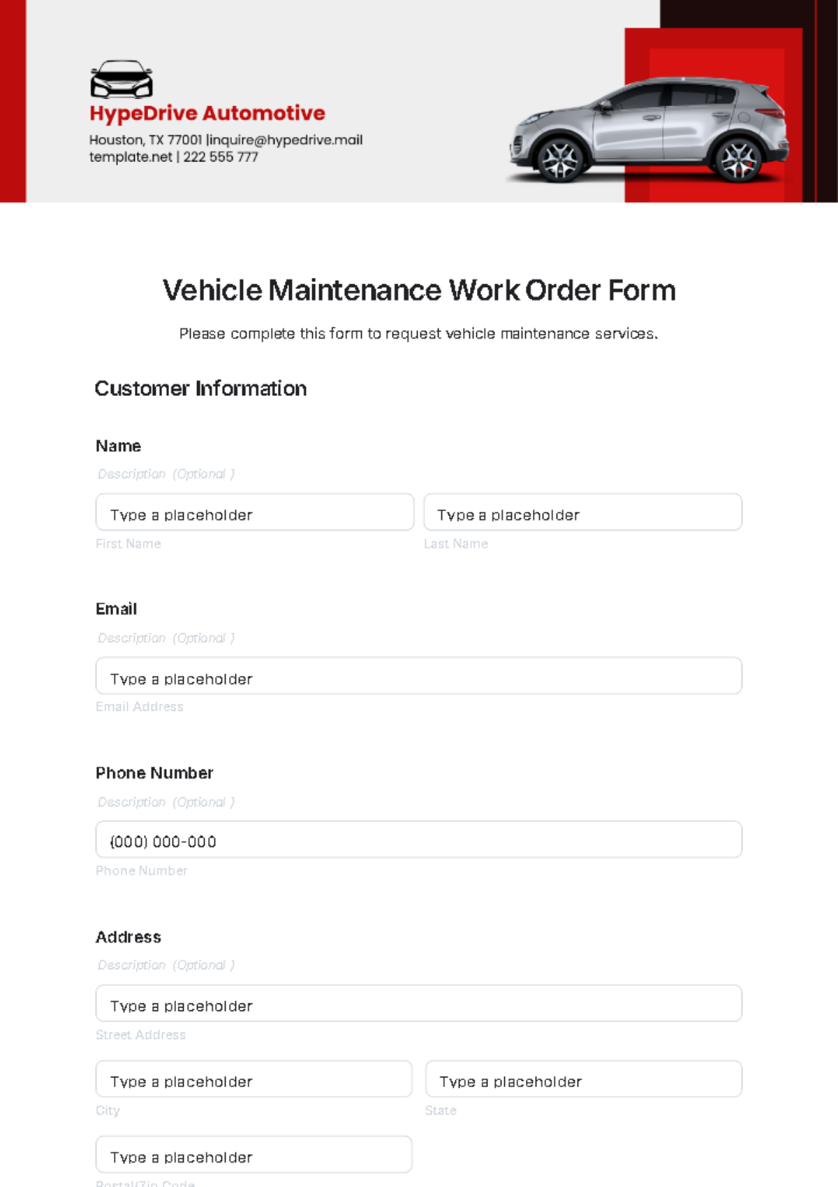 Free Vehicle Maintenance Work Order Form Template