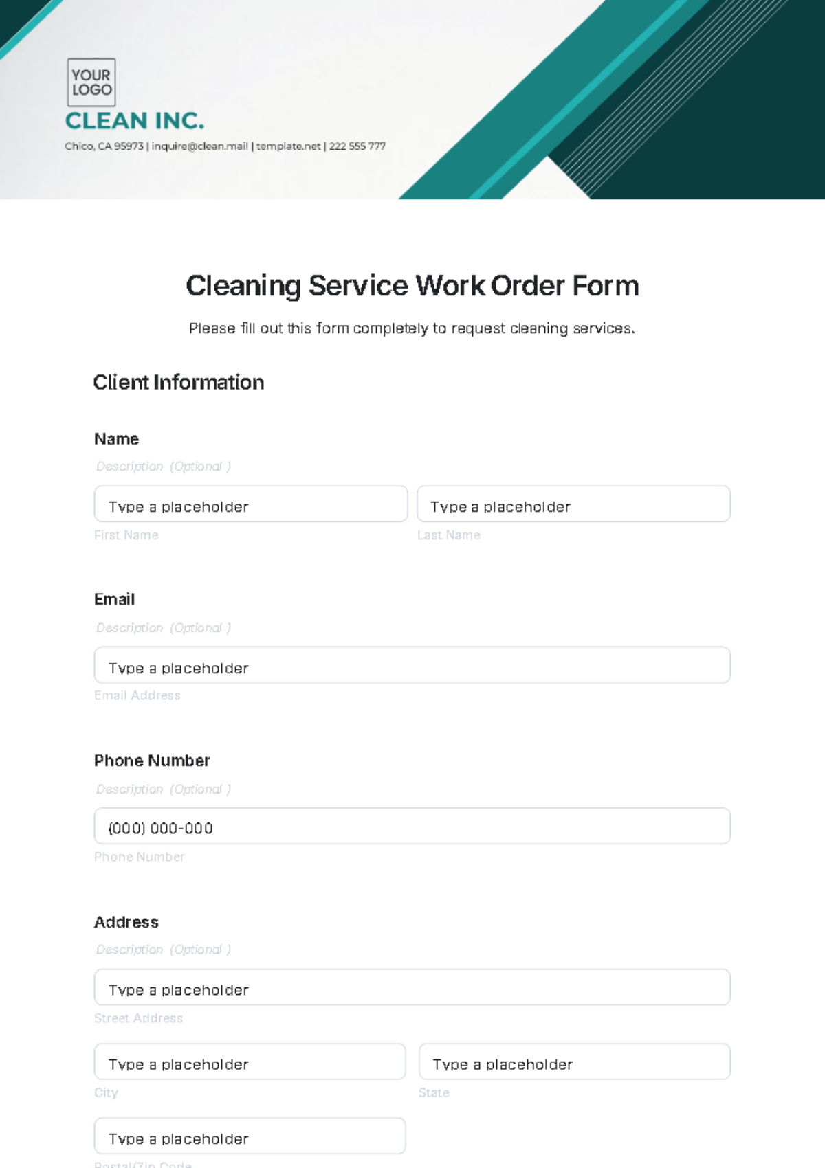 Free Cleaning Service Work Order Form Template