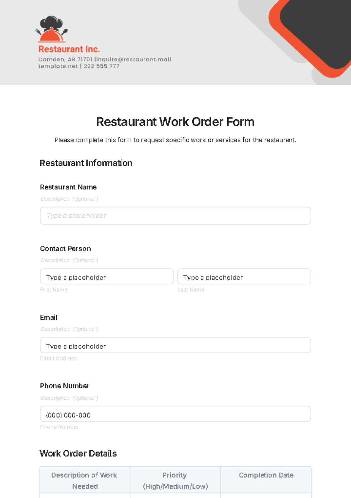 Free Restaurant Work Order Form Template