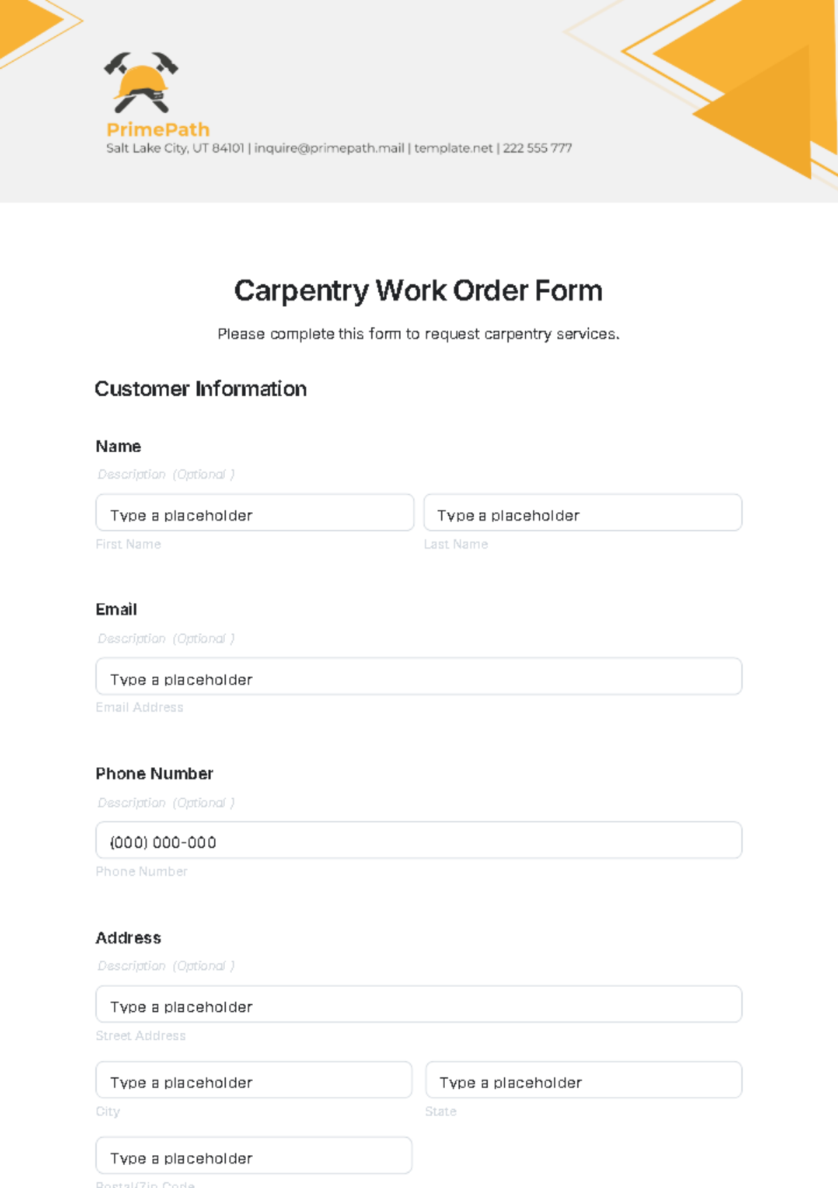 Free Carpentry Work Order Form Template