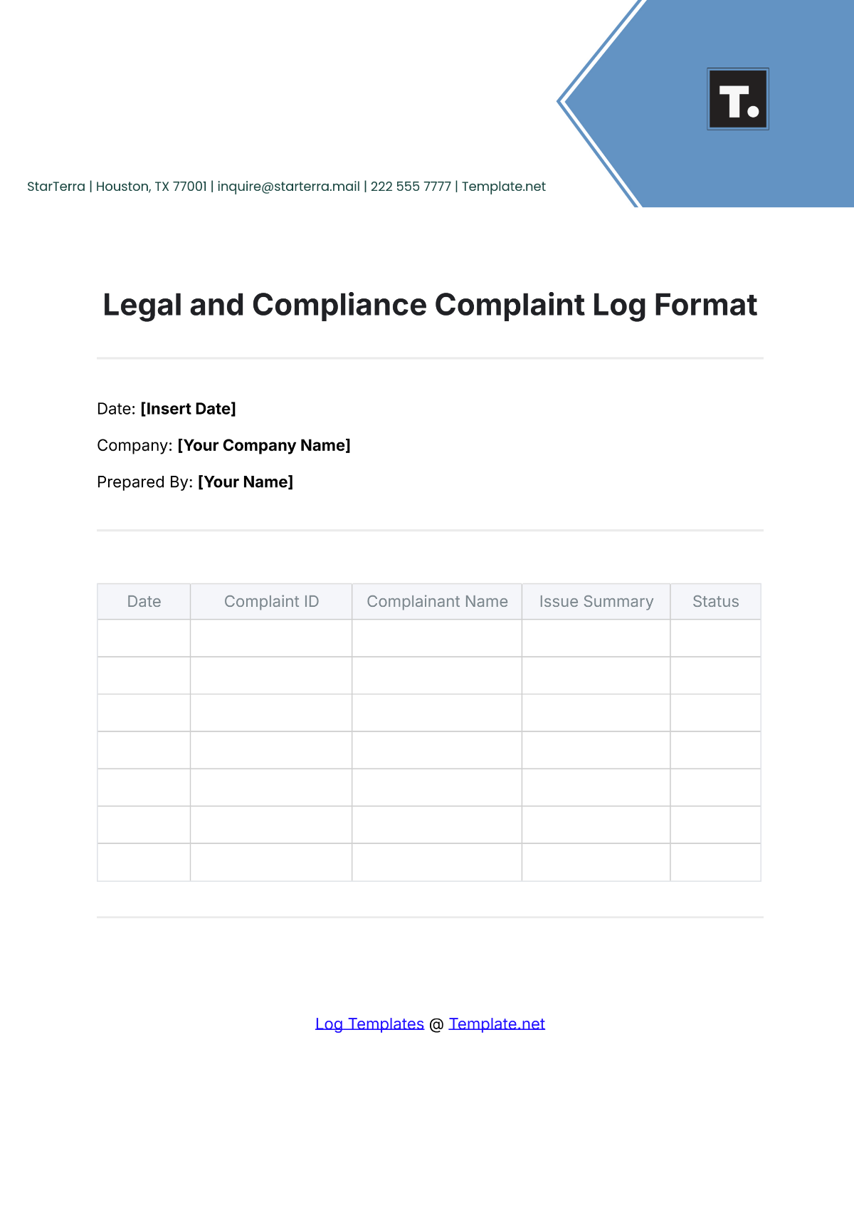 Legal and Compliance Complaint Log Format Template - Edit Online & Download