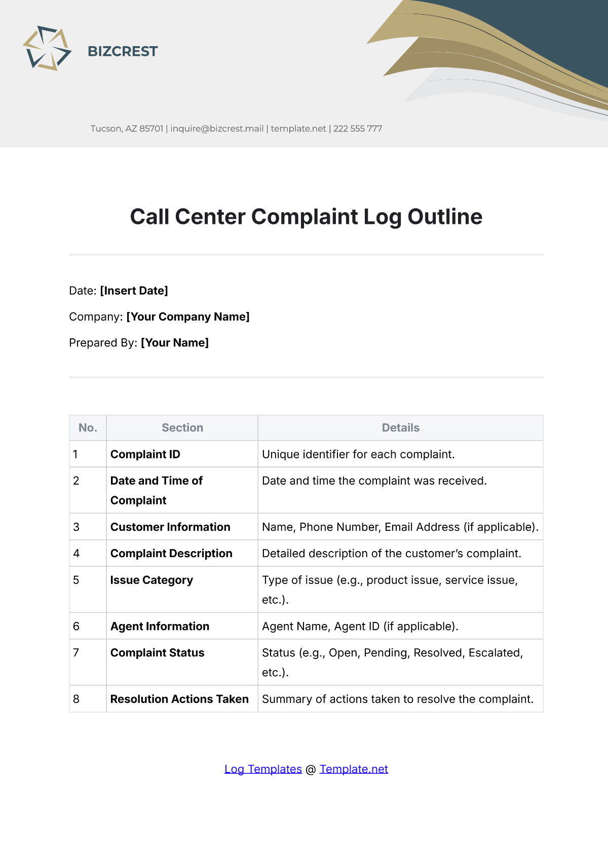 Call Center Complaint Log Outline Template - Edit Online & Download