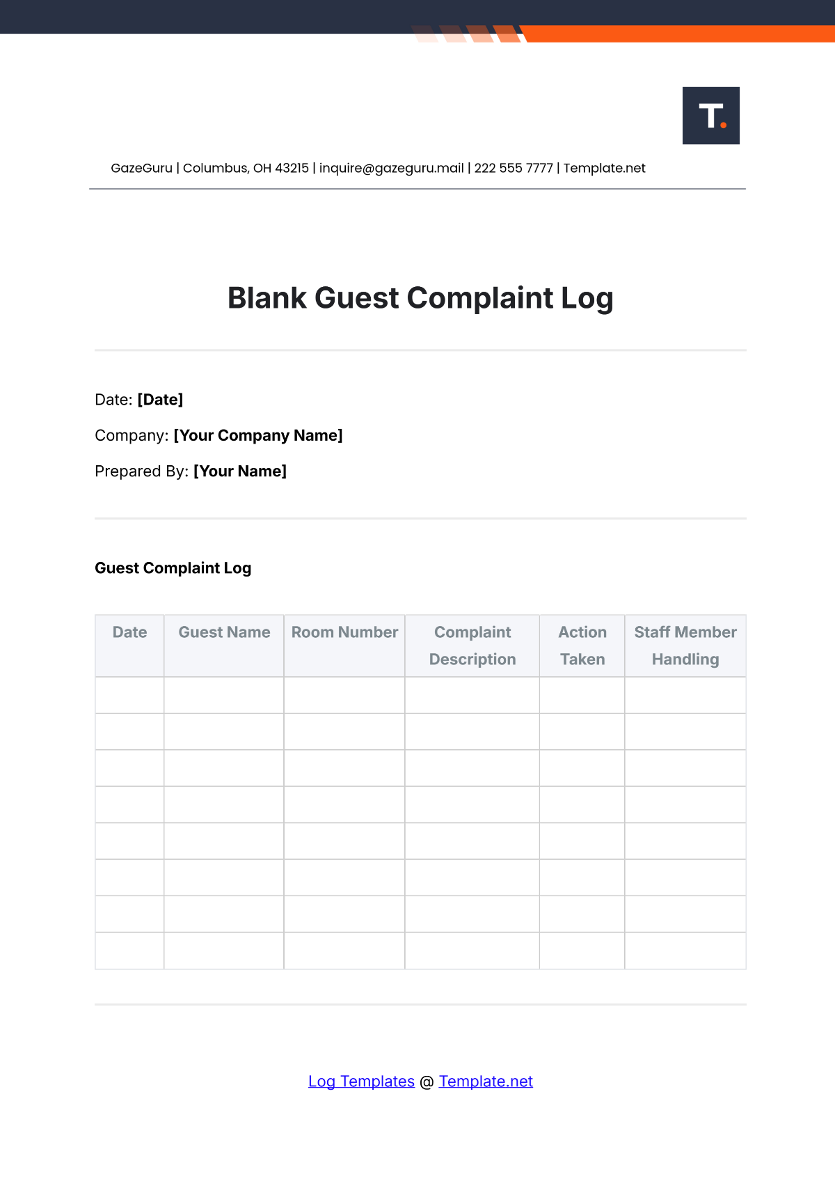 Blank Guest Complaint Log Template - Edit Online & Download