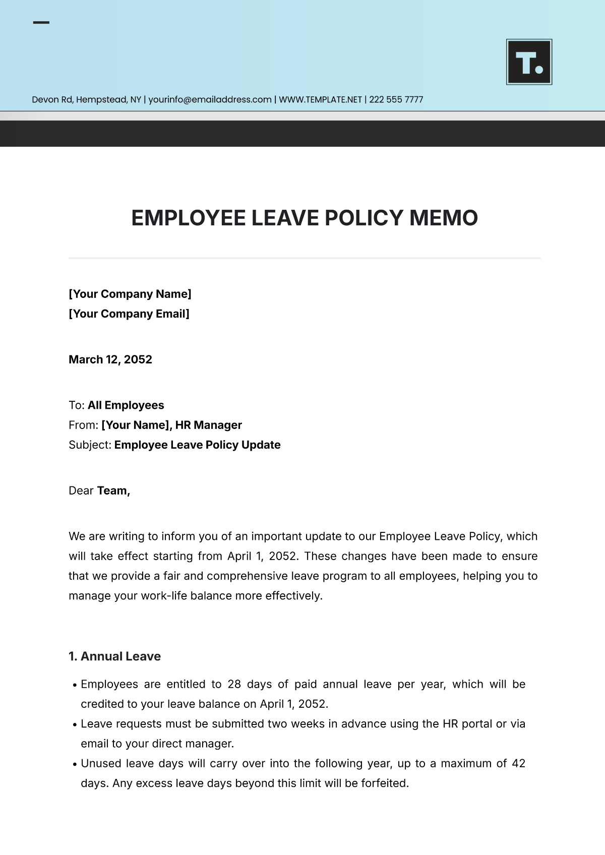 Employee Leave Policy Memo Template - Edit Online & Download