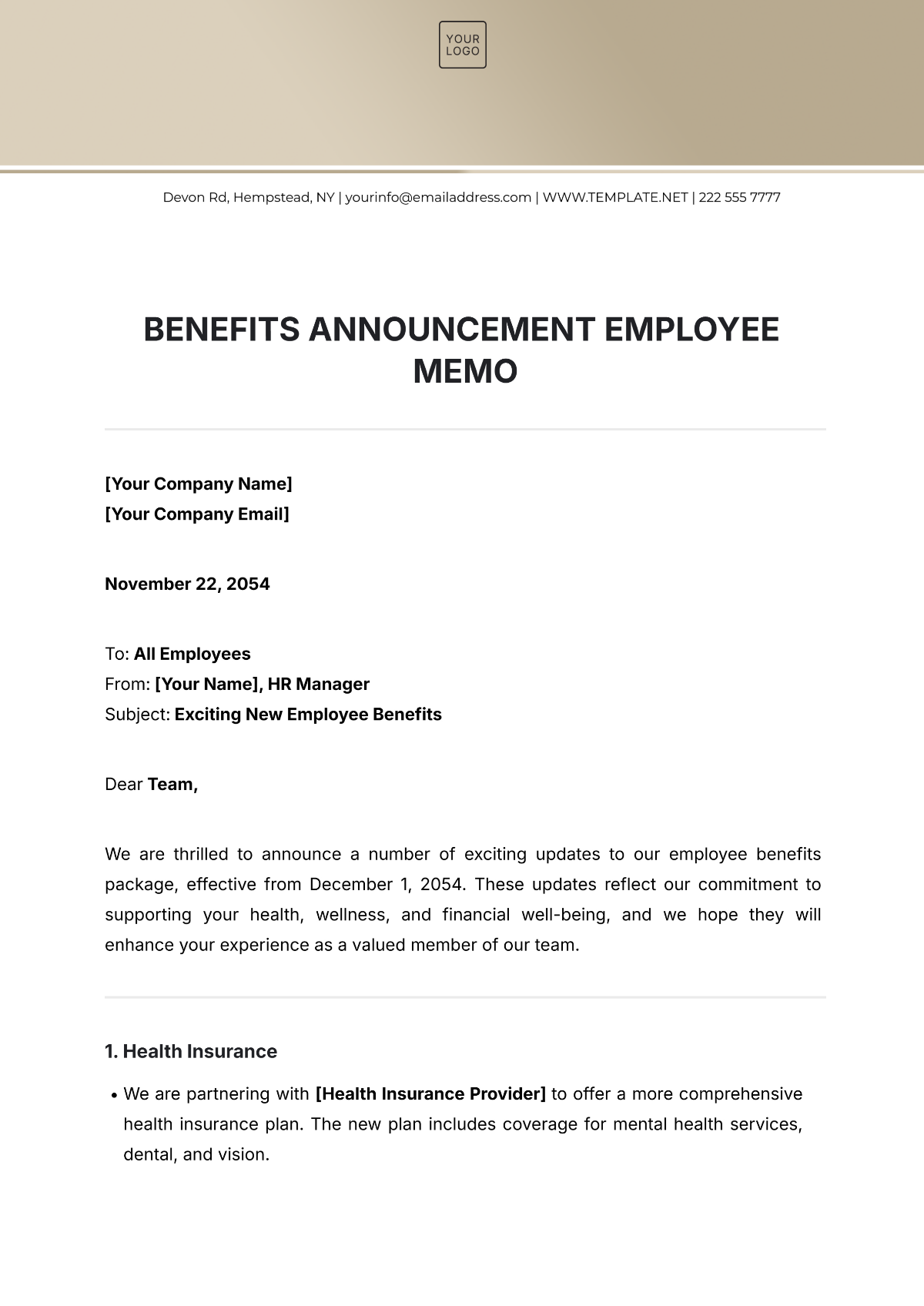 Free Benefits Announcement Employee Memo Template