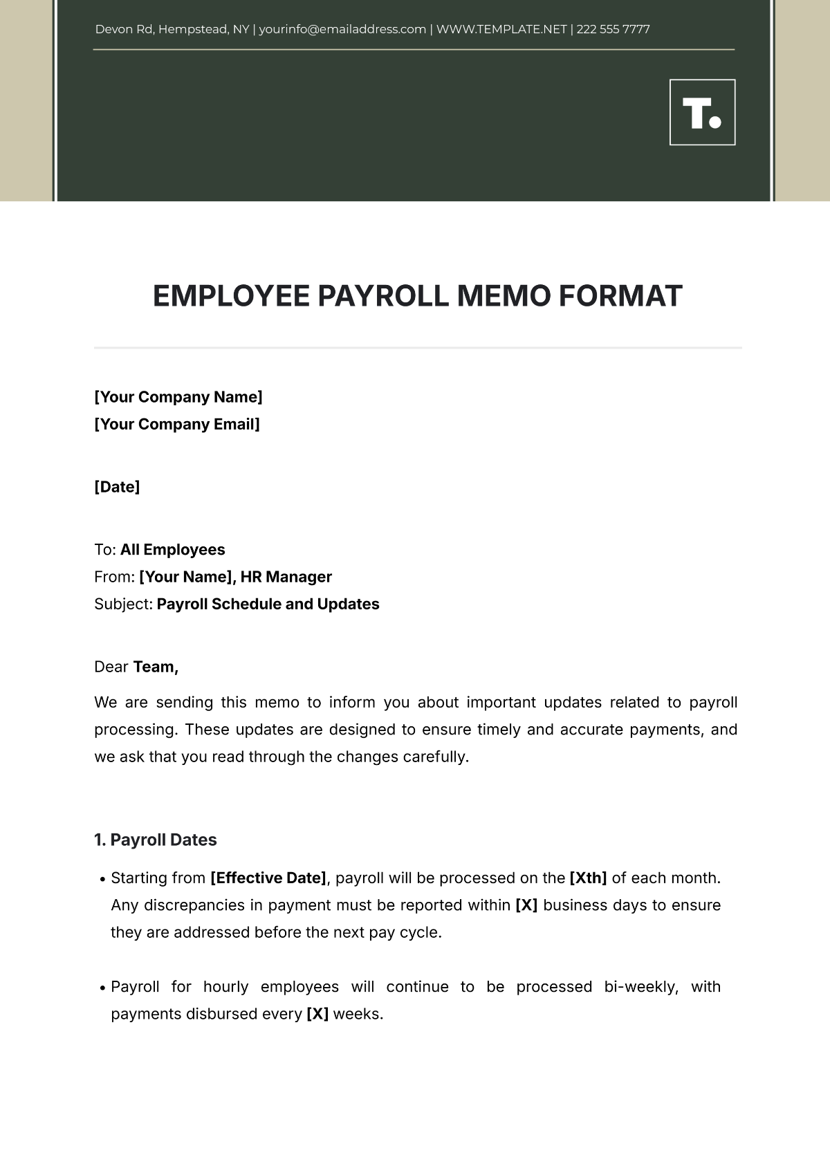 Employee Payroll Memo Format Template - Edit Online & Download