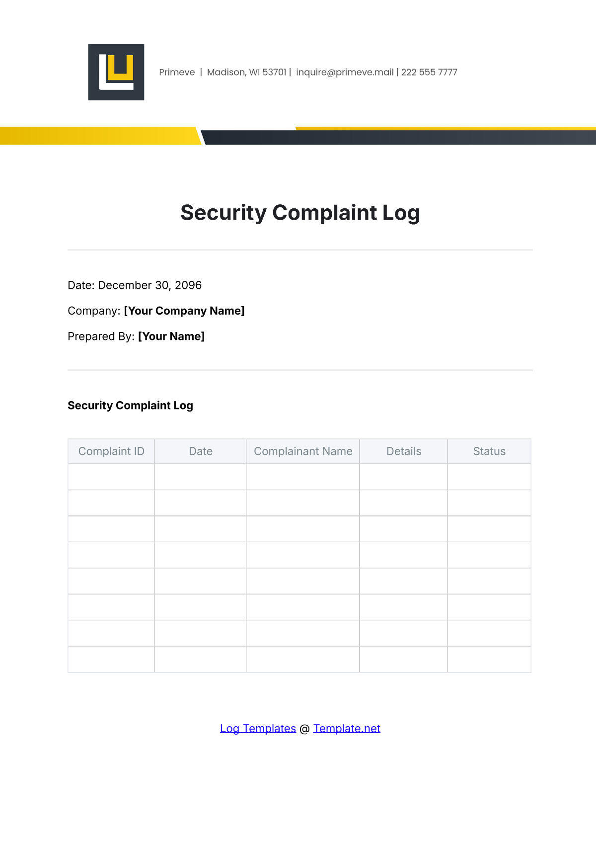 Security Complaint Log Template - Edit Online & Download