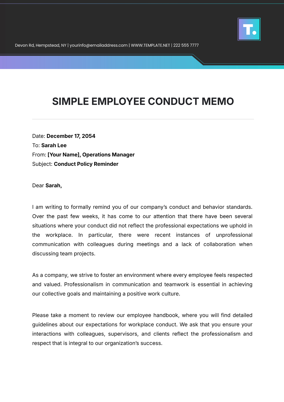 Simple Employee Conduct Memo Template - Edit Online & Download