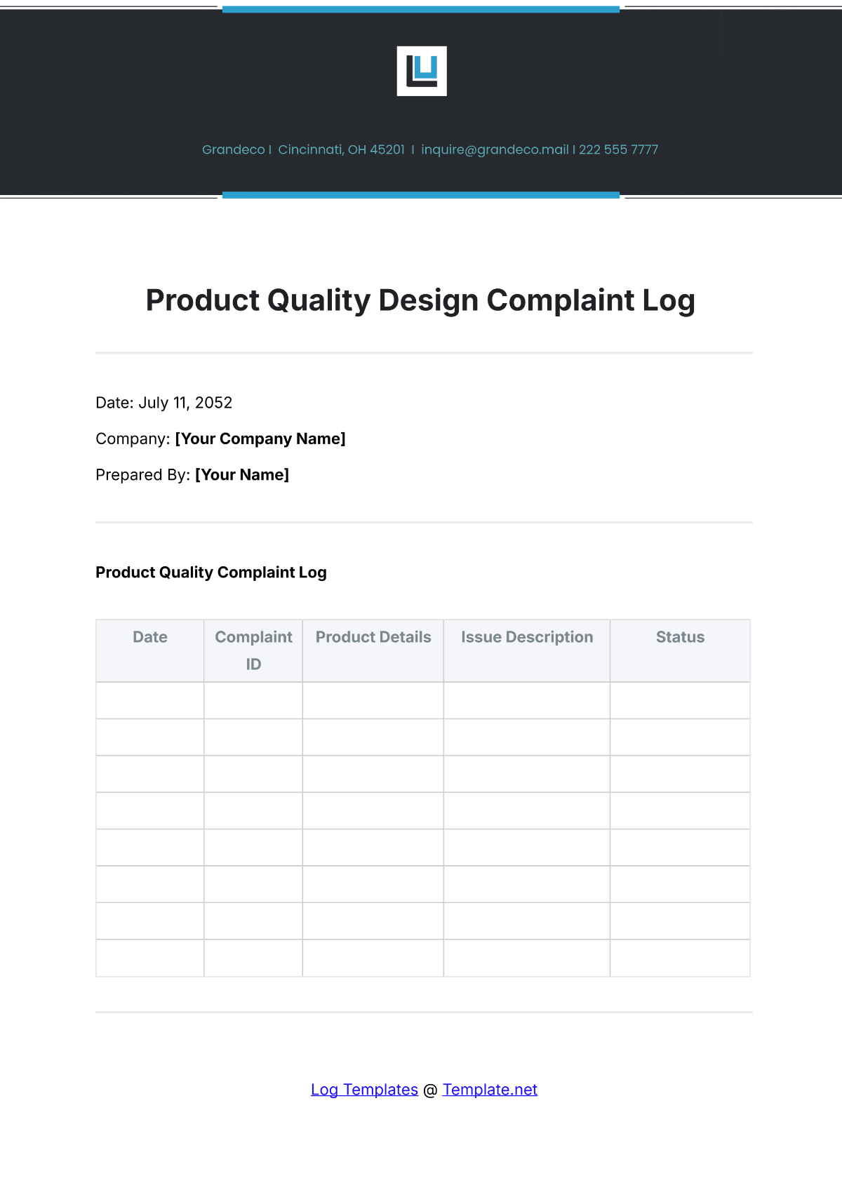 Product Quality Design Complaint Log Template - Edit Online & Download