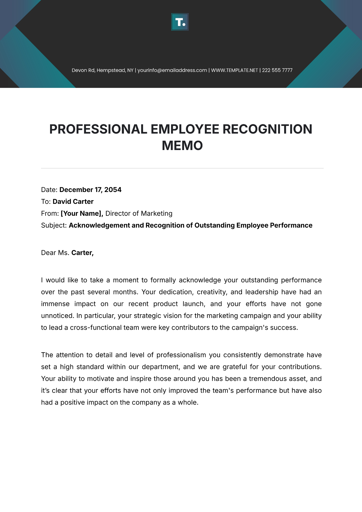 Professional Employee Recognition Memo Template - Edit Online & Download