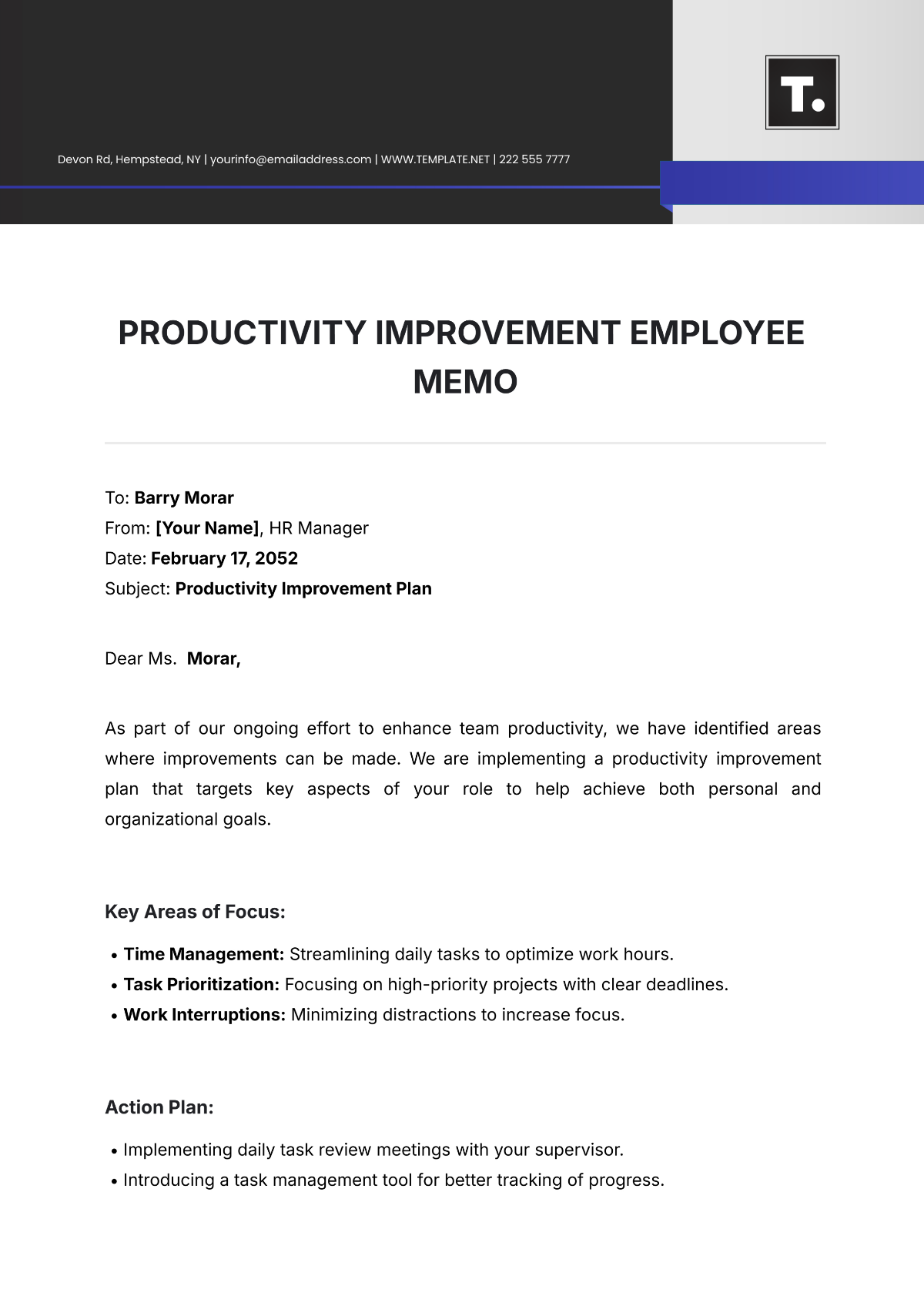 Productivity Improvement Employee Memo Template - Edit Online & Download