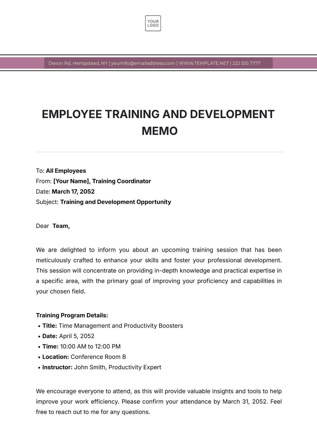 Employee Training and Development Memo Template - Edit Online & Download