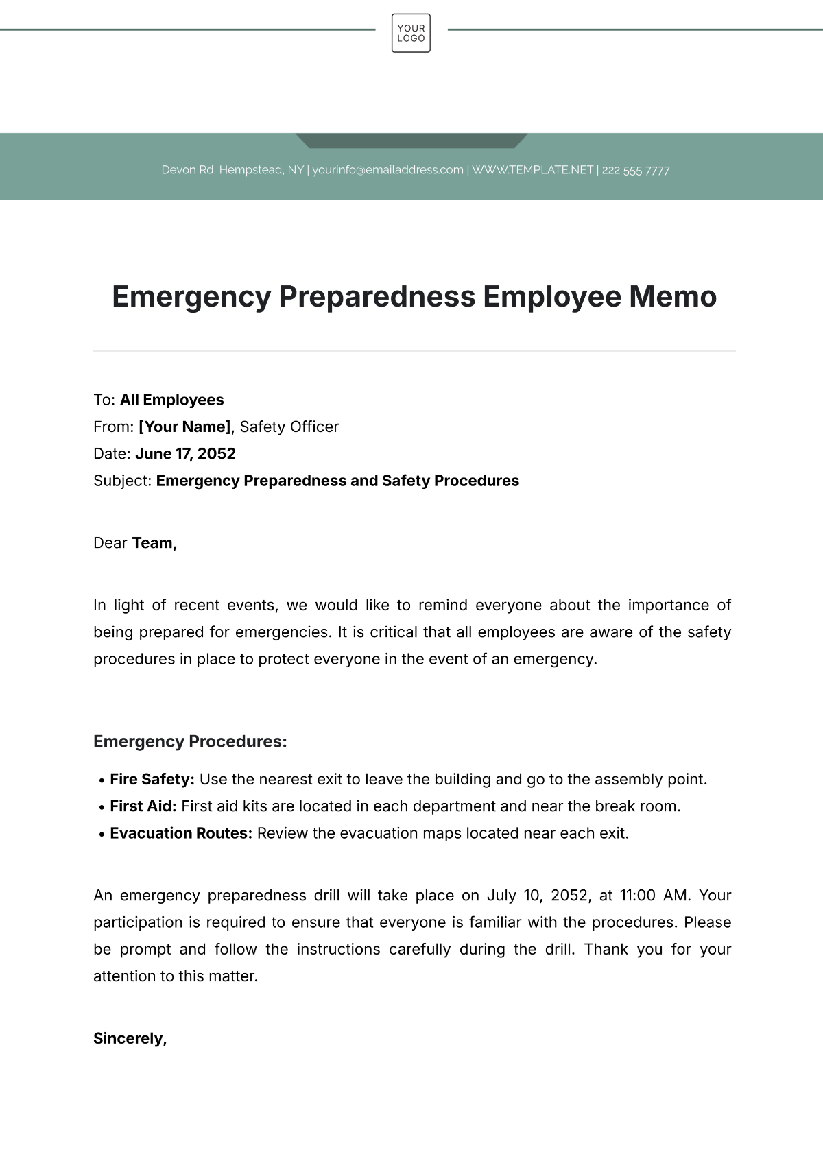 Emergency Preparedness Employee Memo Template - Edit Online & Download