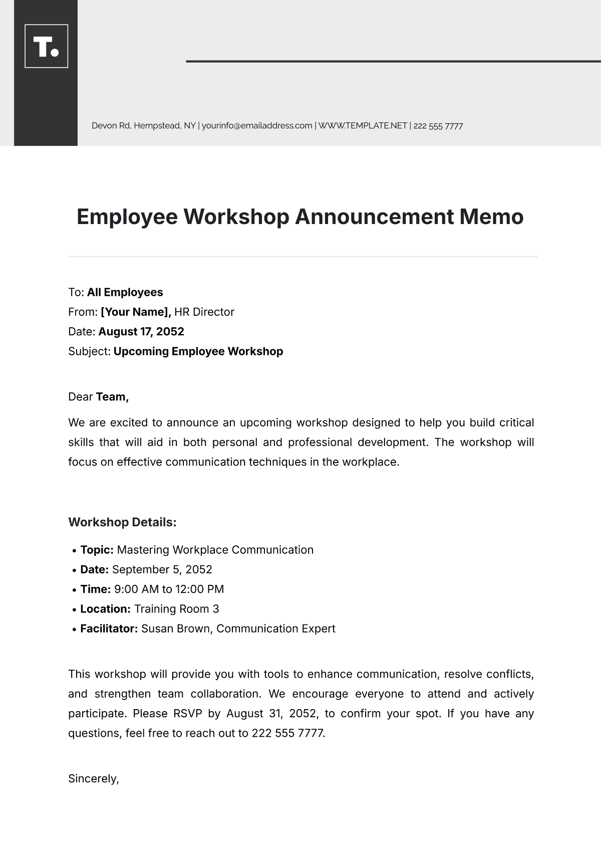 Employee Workshop Announcement Memo Template - Edit Online & Download