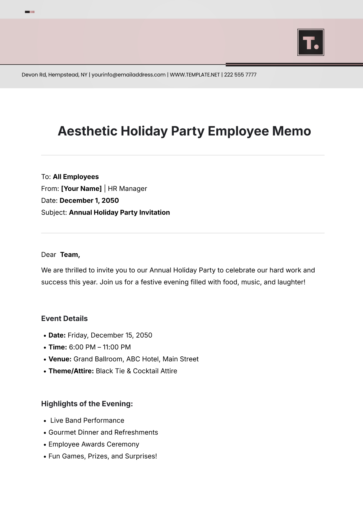 Aesthetic Holiday Party Employee  Memo Template - Edit Online & Download