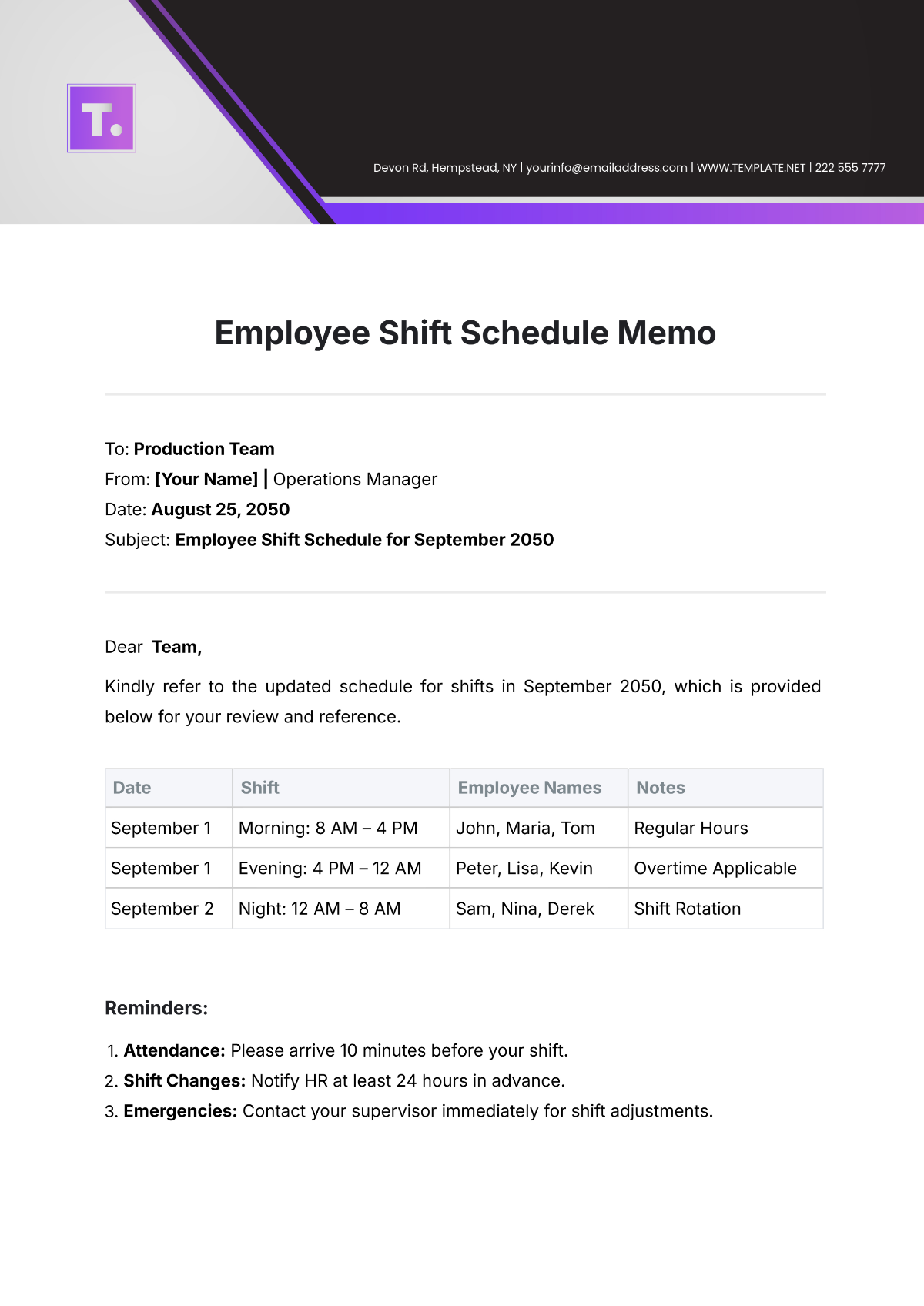 Employee  Shift Schedule Memo Template - Edit Online & Download