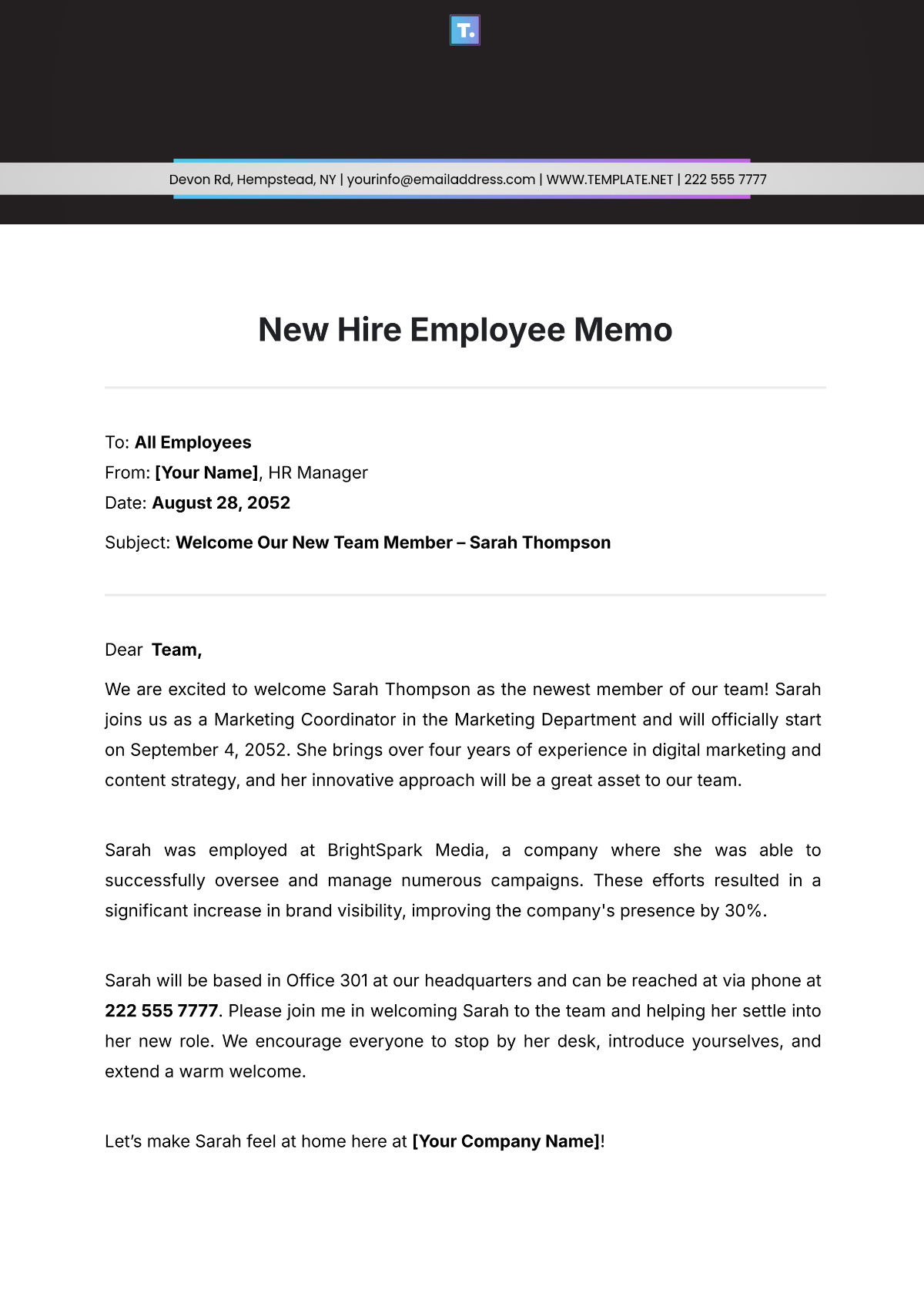 New Hire Employee Memo Template - Edit Online & Download