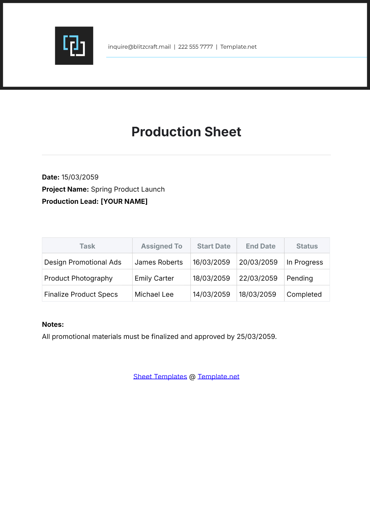 Production Sheet Template - Edit Online & Download