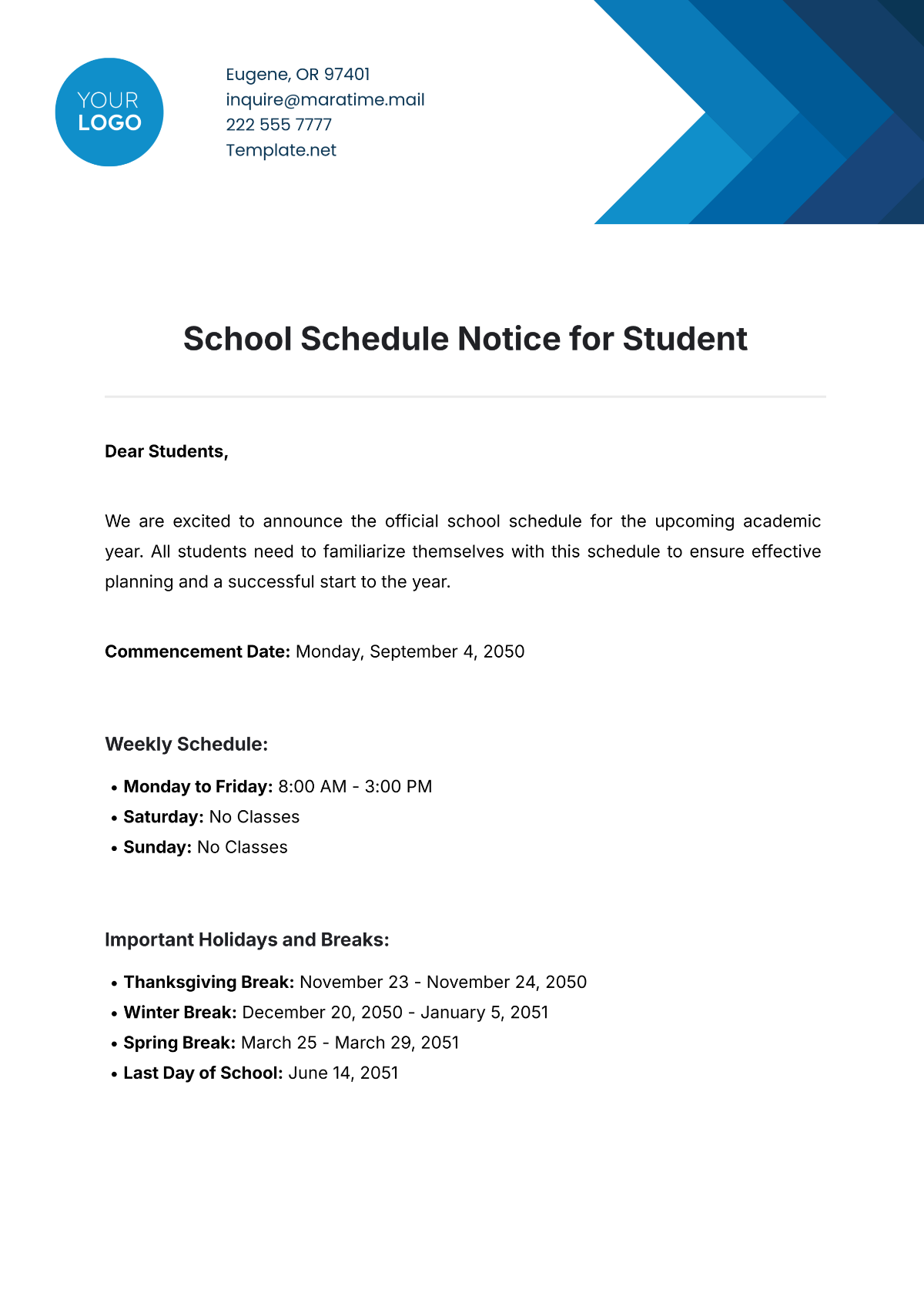 School Schedule Notice for Student Template - Edit Online & Download