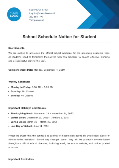 Free School Schedule Notice for Student Template to Edit Online