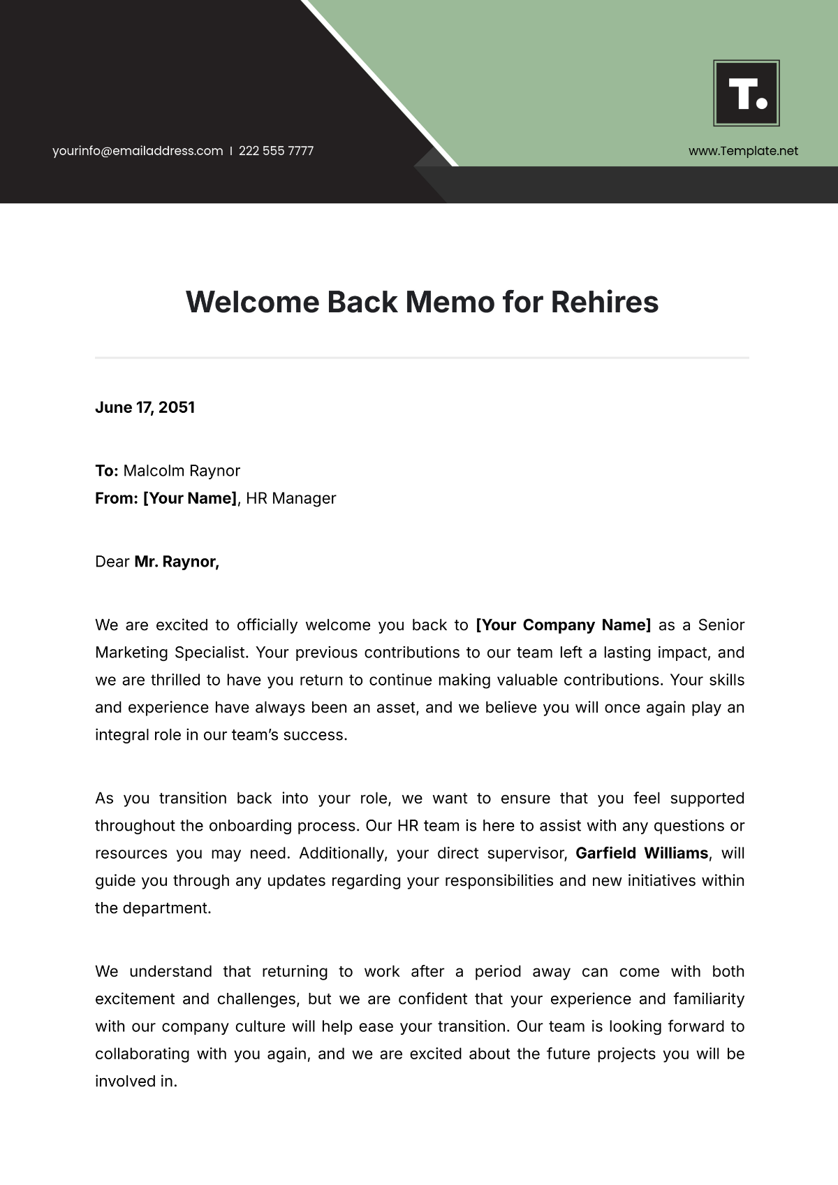 Welcome Back Memo for Rehires Template - Edit Online & Download