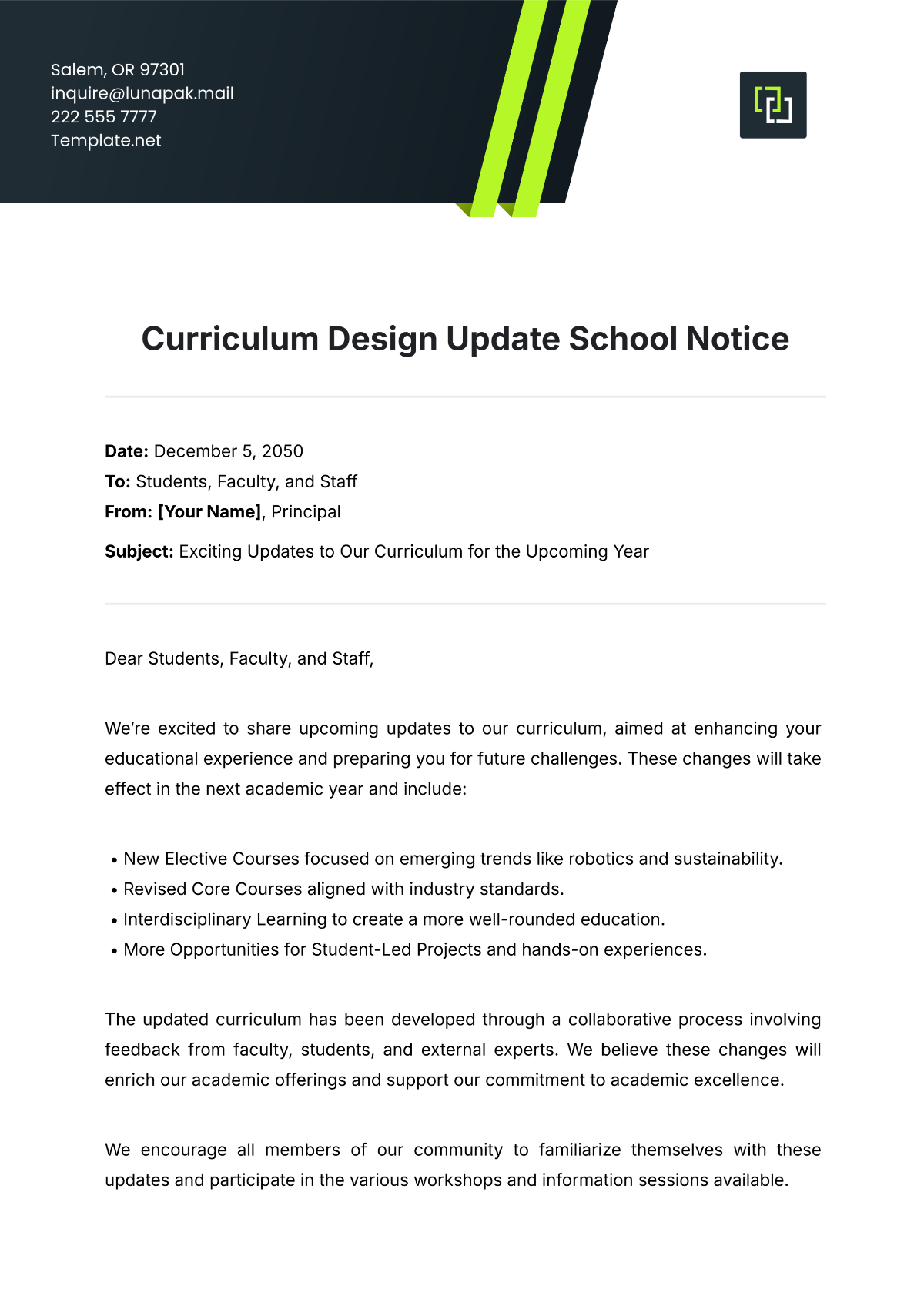 Curriculum Design Update School Notice Template - Edit Online & Download