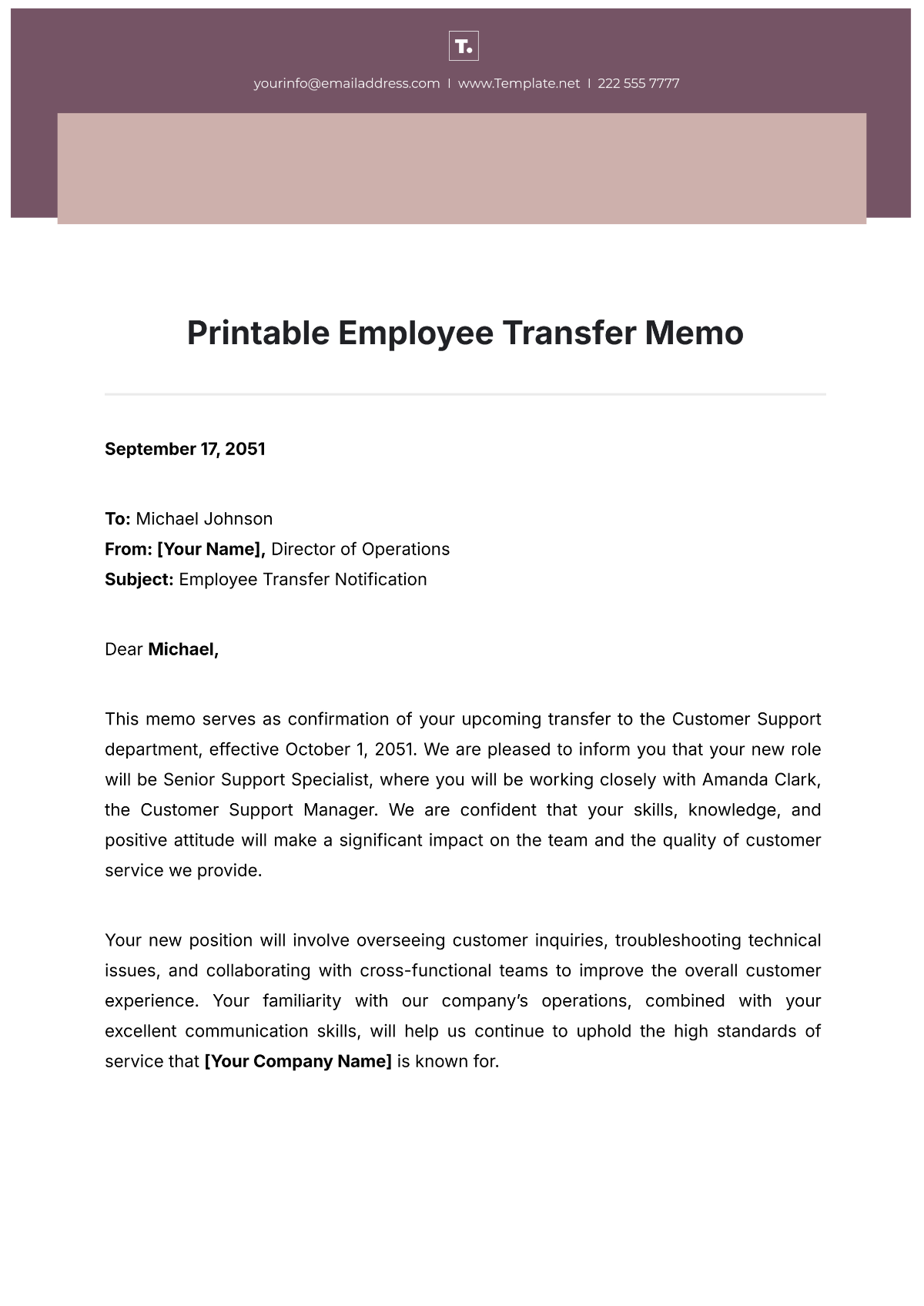 Printable Employee Transfer Memo Template - Edit Online & Download