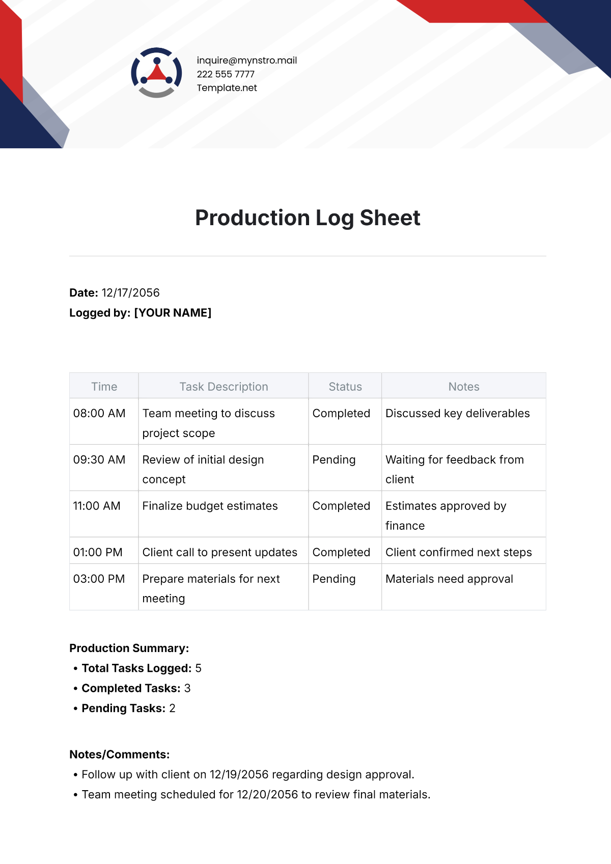 Production Log Sheet Template - Edit Online & Download