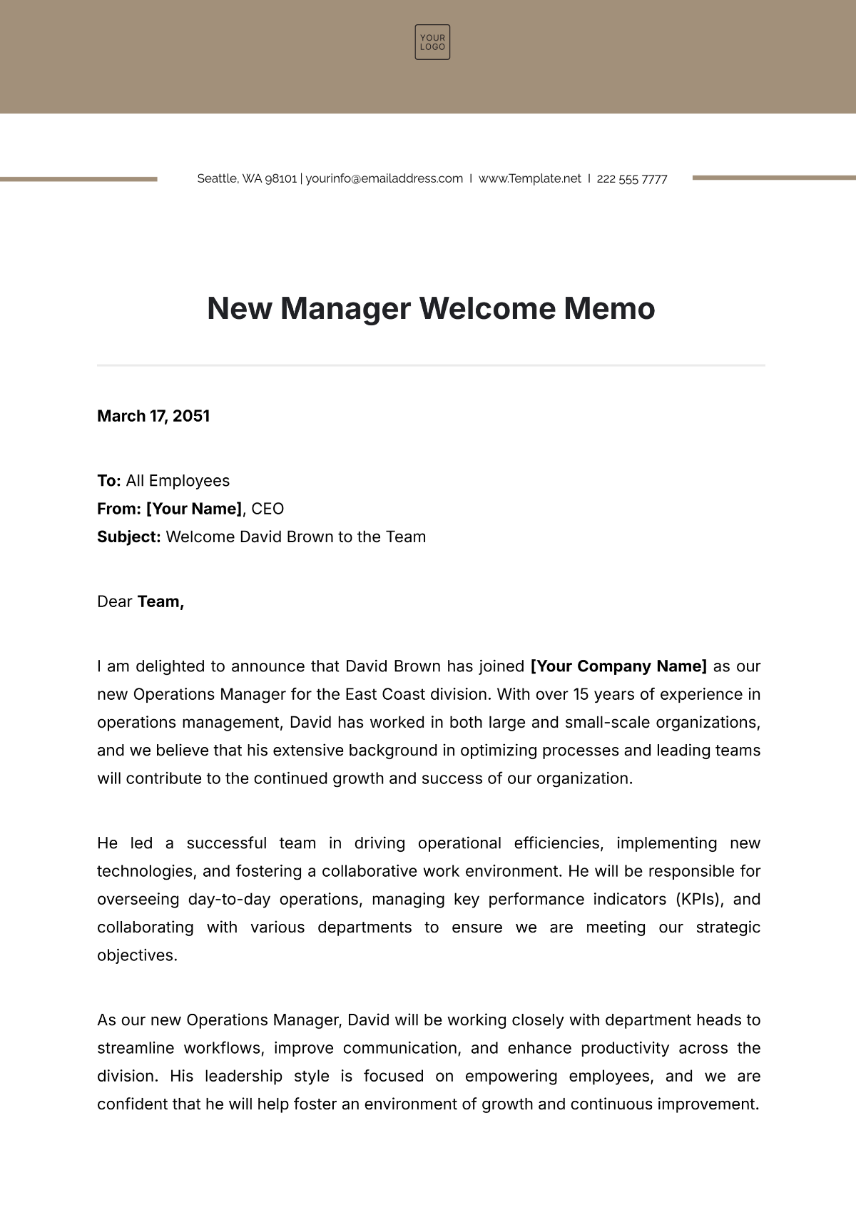 New Manager Welcome Memo Template - Edit Online & Download