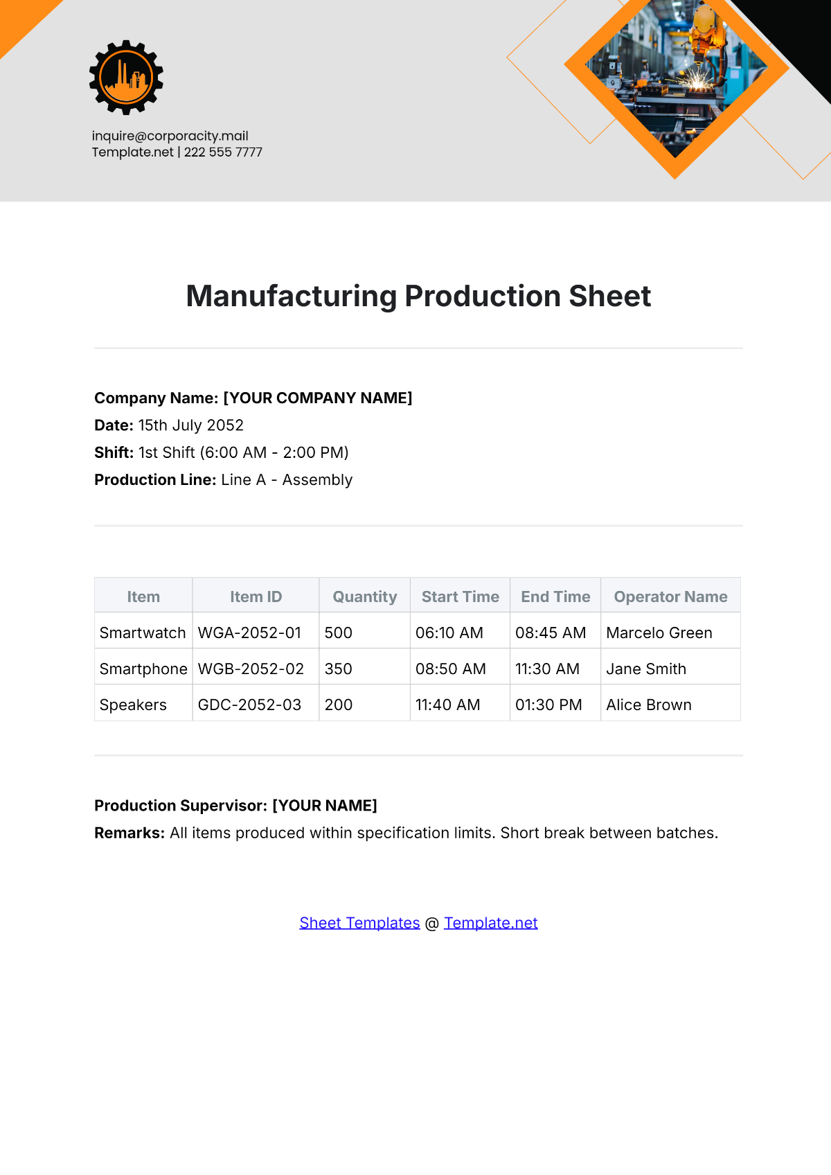 Manufacturing Production Sheet Template - Edit Online & Download