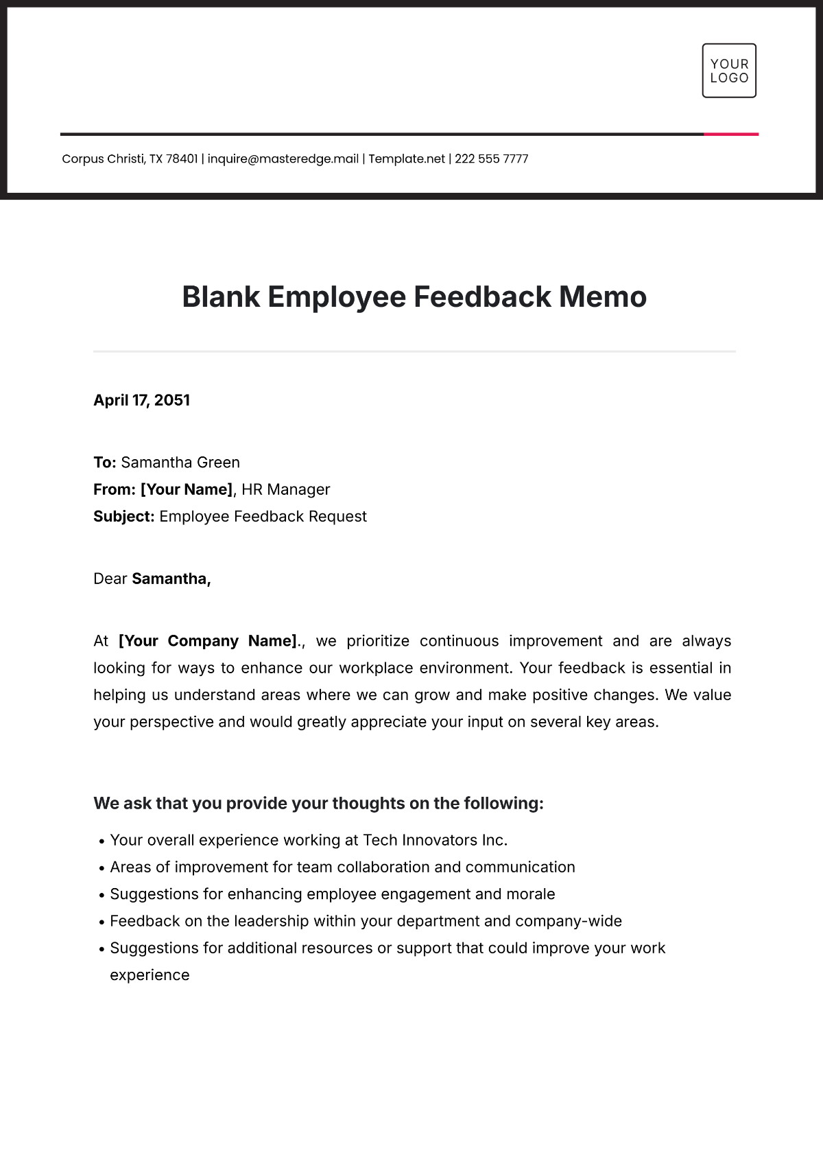 Blank Employee Feedback Memo Template - Edit Online & Download