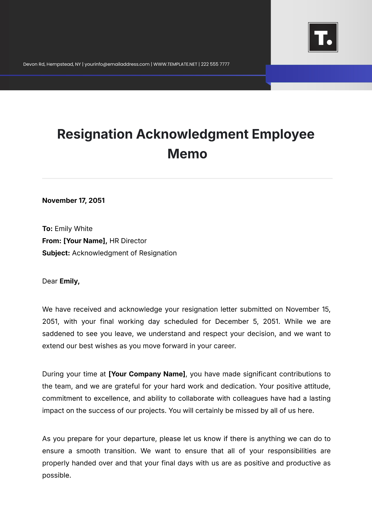 Resignation Acknowledgment Employee  Memo Template - Edit Online & Download