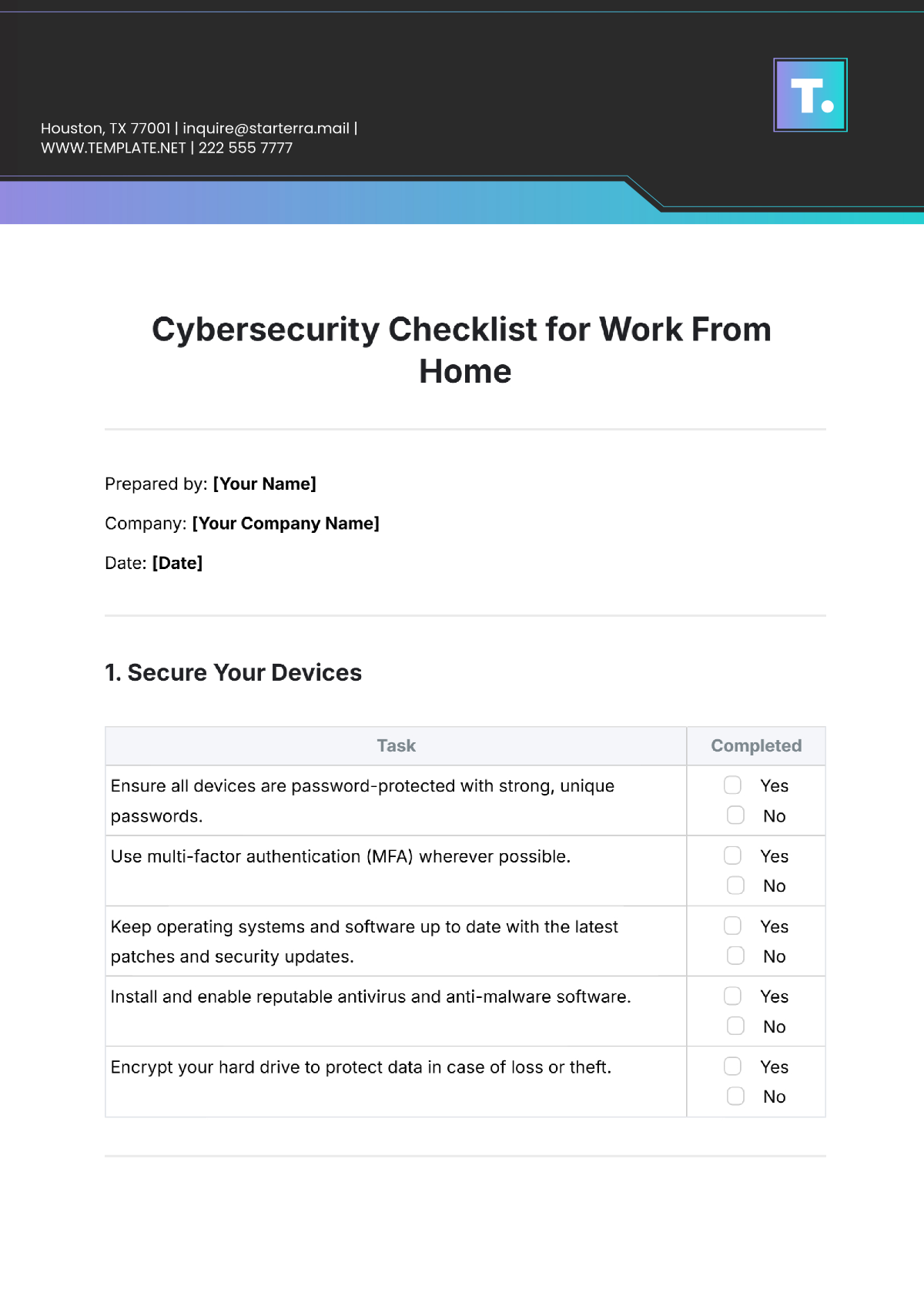 Cybersecurity Checklist for Work From Home Template - Edit Online & Download