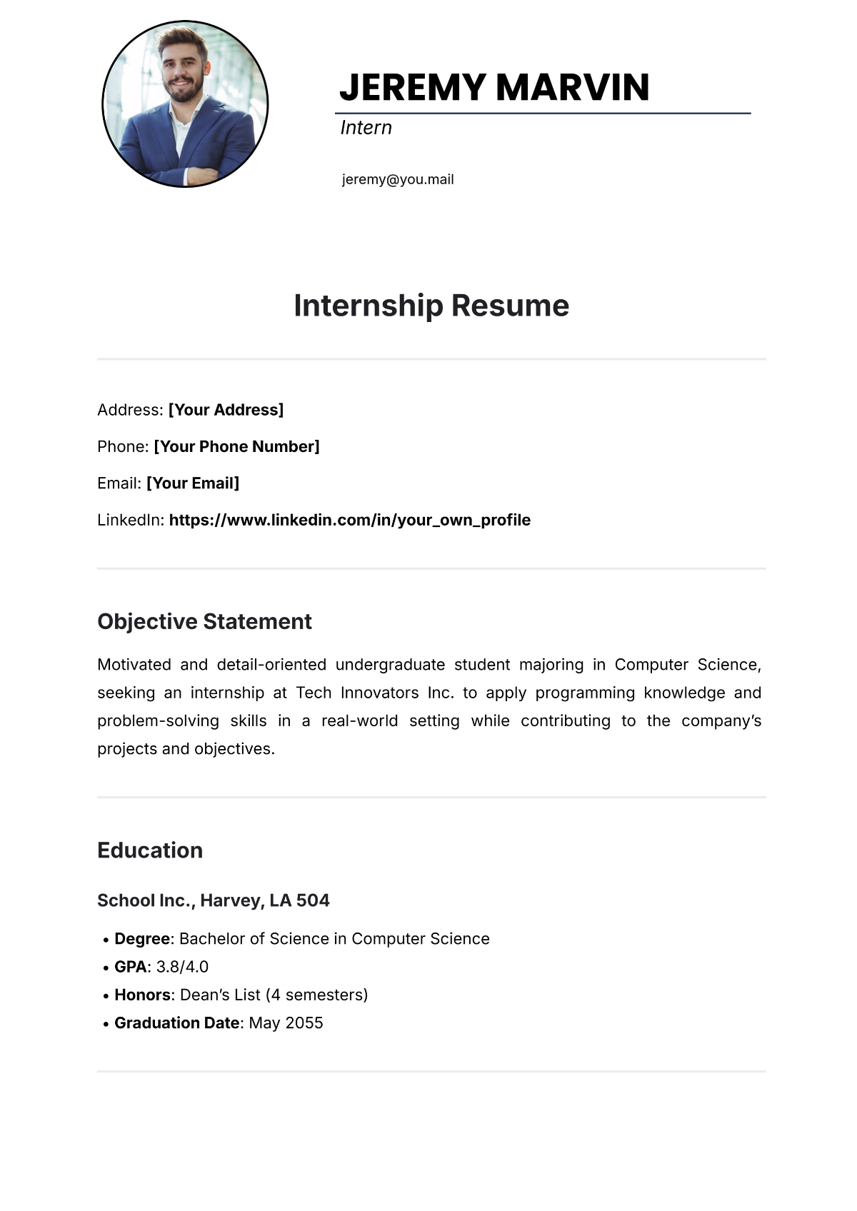 Internship Resume Template - Edit Online & Download