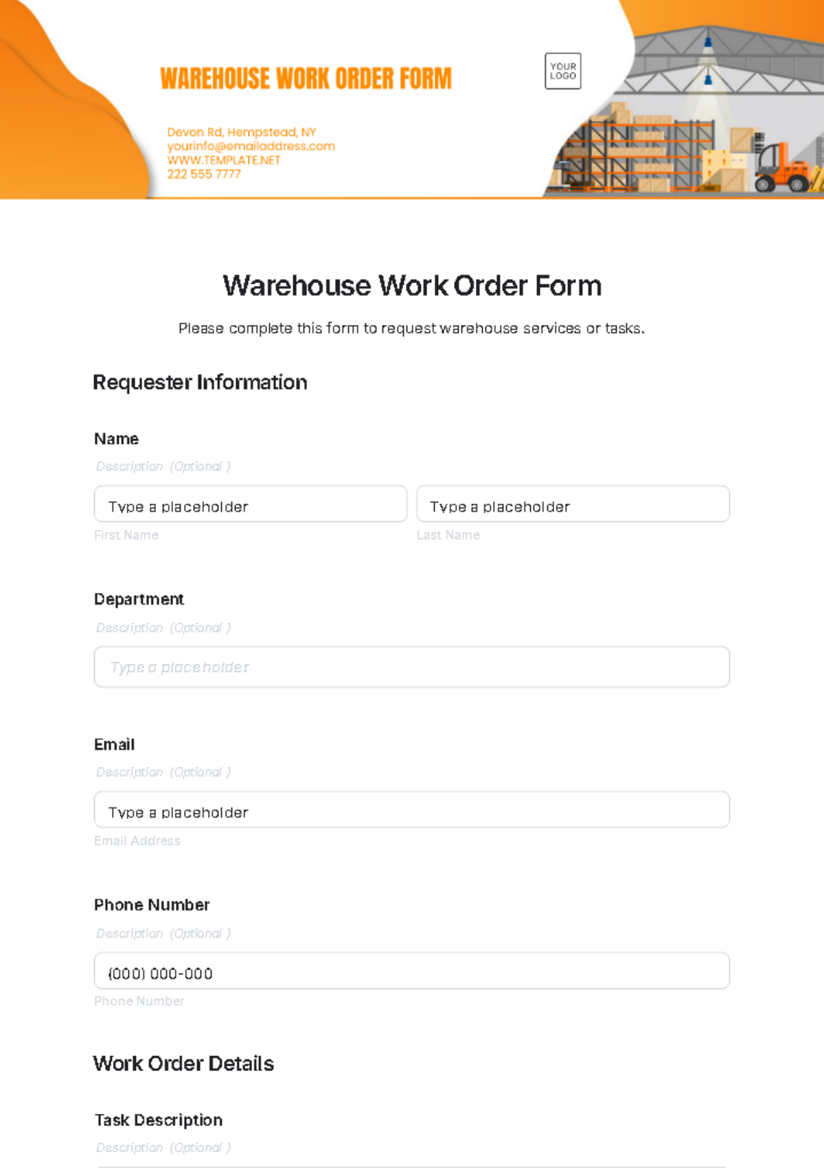 Warehouse Work Order Form Template - Edit Online & Download