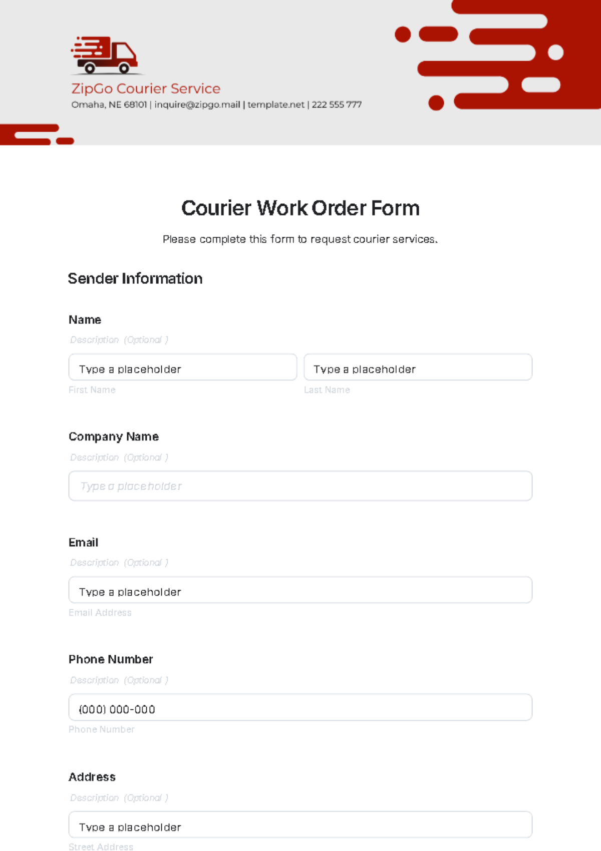 Free Courier Work Order Form Template